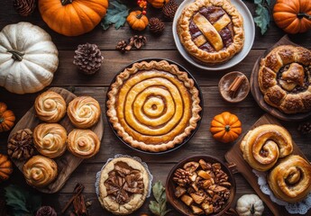 Festive Autumn Dessert Spread Featuring Various Types of Pies, Pastries, and Pumpkins Perfect for Celebrations and Seasonal Gatherings in a Warm Atmosphere