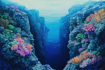 Naklejka premium Vibrant underwater scene captures coral garden on steep rock cliffs