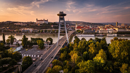 sunset over the bridge, UFO, castle, Bratislava, Slovakia