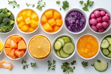 Colorful Baby Food Purees and Fresh Ingredients