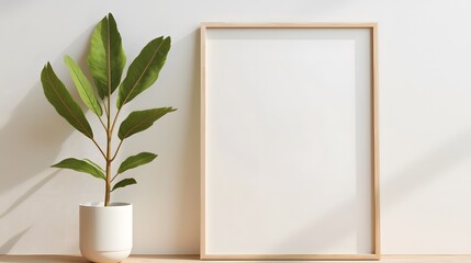 A mockup of a poster with a green plant and wooden frames set against a white backdrop, showcasing simplicity and elegance