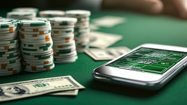 Mobile sports betting showcasing smartphone with odds, poker chips, and cash enhances online gambling experience for enthusiasts and bettors.