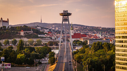 sunset over the bridge, UFO, castle, Bratislava, Slovakia