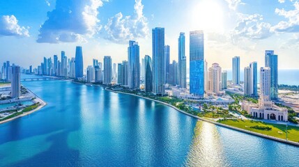 Naklejka premium Panoramic view of a modern city skyline with skyscrapers, waterfront, and blue water.
