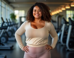 Plus-size woman smiles confidently in gym. Looks happy, healthy. Wears active wear. Gym background blurred. Positive female figure. Looks ready for exercise. Positive attitude about fitness. Gym
