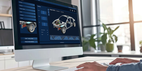 Electric car design software on computer screen showing simulation blueprint brisk by digital calculating application for manufacturing preparation