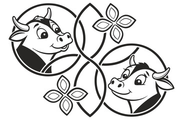 cow faces, simple cartoon style, black and white, minimalist design, bovine icons, cute animal illustrations, symmetrical composition, graphic design elements, logo inspiration, farm animal motif, vec