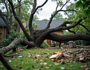 Obraz premium Massive fallen tree lies twisted in residential backyard after devastating tornado in Michigan. Debris, wreckage surround uprooted tree. Homes, property damaged by severe storm. Cleanup, damage