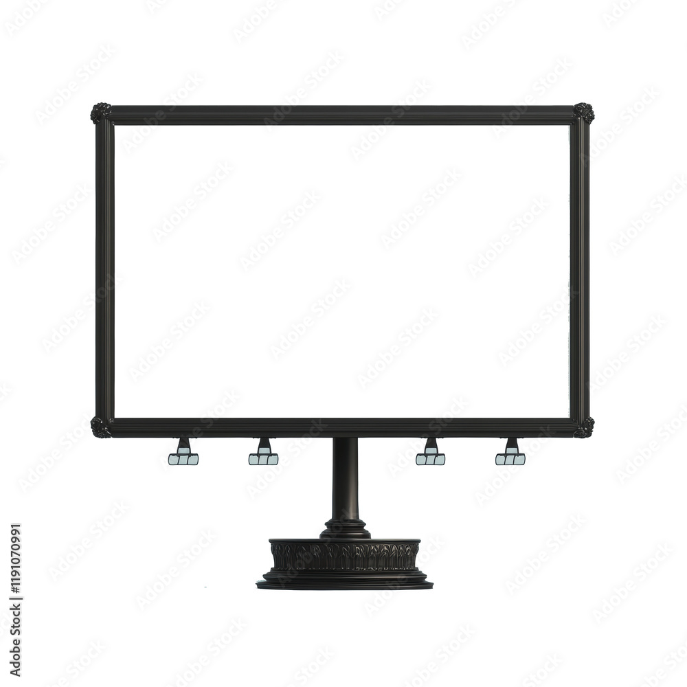 Poster the image shows a large blank billboard with an ornate black frame and pedestal base. it is an outdo
