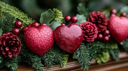 A festive garland of heart-shaped paper cutouts draped across a rustic fireplace mantel