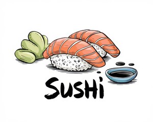 Delicious Salmon Sushi with Wasabi and Soy Sauce