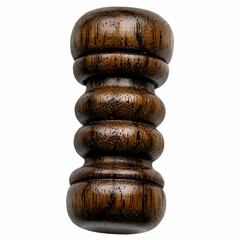 A smooth, dark wooden object with a rounded, sculptural design, featuring distinct grooves and a polished finish.