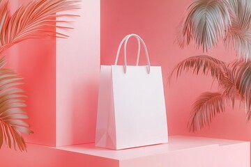A minimalist mock-up of white shopping bag against a pink backdrop with palm leaves.
