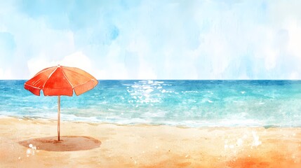 Fototapeta premium Watercolor Painting of a Beach Umbrella and Ocean