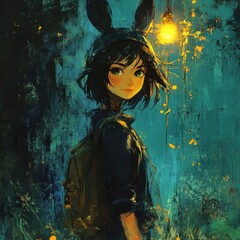 Enchanted Forest Girl with Lantern and Bunny Ears