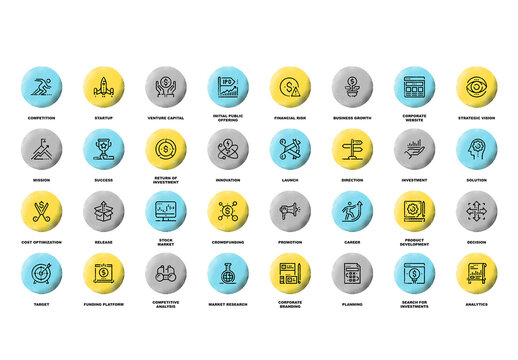 Vector set of startup and new business flat line web icons with grunge noise texture effect.