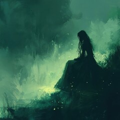 Fototapeta premium Enigmatic Figure in Serene Green Landscape