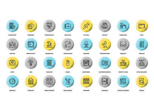 Vector set of office and business flat line web icons with grunge noise texture effect.