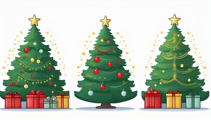 Christmas tree in 3 different situations. Christmas tree and holiday gifts. Fir-tree decorations