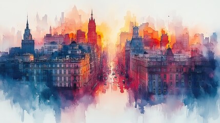 Fototapeta premium Watercolor sketch of city buildings, creating a soft and abstract painting of urban architecture