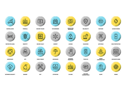 Vector set of security and protection flat line web icons with grunge noise texture effect.