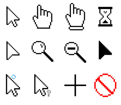 Collection of pixel art computer cursor icons, Cursor icon set, cursor pointers, cursor mouse icon set, zooming icon set, arrow, hourglass, loading cursor, cursors for retro games, pixel art.