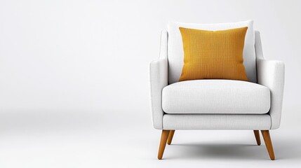 Fototapeta premium A modern, cozy armchair with a textured yellow cushion, set against a minimalist white background, perfect for stylish living spaces.