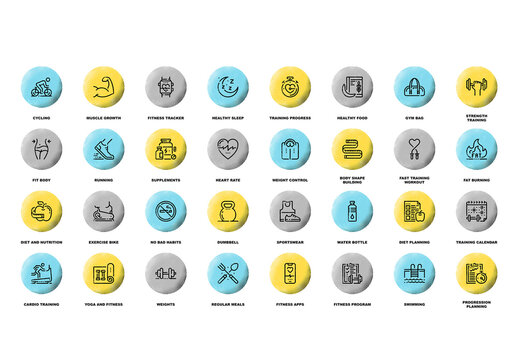 Vector set of fitness and workout flat line web icons with grunge noise texture effect.