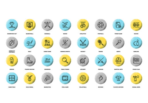 Vector set of professional sports flat line web icons with grunge noise texture effect.