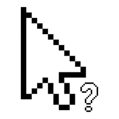 Pixelated Computer Cursor Icon, Black and White Pointer with Question Mark, Retro Digital Graphic Design Element, pixelated cursor with question mark, pixelated question mark.