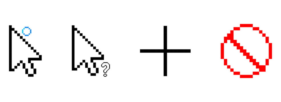 Cursor icon set, cursor pointers, cursor mouse icon set, computer mouse, 8-bit, pixel cursor icon set, pixel art, crosshair cursor icon, loding cursor, prohibition cursor icon, question mark cursor.