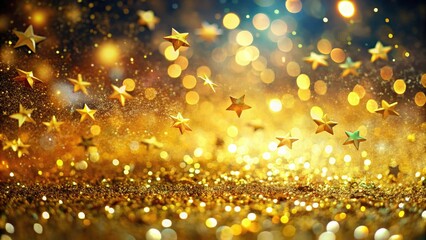 Surreal star confetti bursts in a golden glitter cascade, creating a festive, magical backdrop.