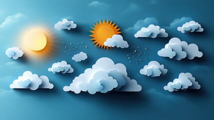 Weather icons in a paper-cut style on a transparent backdrop represent various conditions