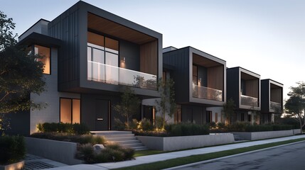 Fototapeta premium A modern townhouse design featuring minimalist architecture, perfect for showcasing contemporary living spaces.
