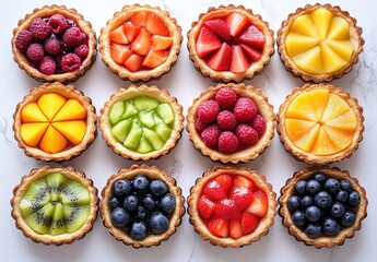 Fresh Assortment of Colorful Fruit Tarts Arranged in Rows on a Light Marble Surface, Featuring an Array of Seasonal Fruits for Culinary Inspiration and Delight