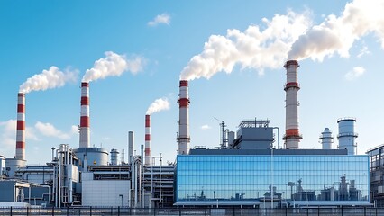 Industrial Power Plant with Smoke Stacks and Modern Infrastructure Under Blue Sky