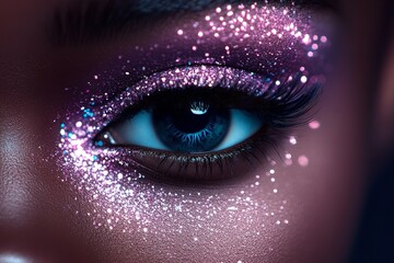 Close-up of an eye featuring creative makeup with shimmering glitter and bold colors. This artistic expression emphasizes beauty and style, perfect for special occasions or fashion shows