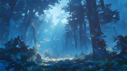 Fototapeta premium A mysterious forest scene with misty light rays piercing through tall trees creates an eerie and atmospheric landscape.