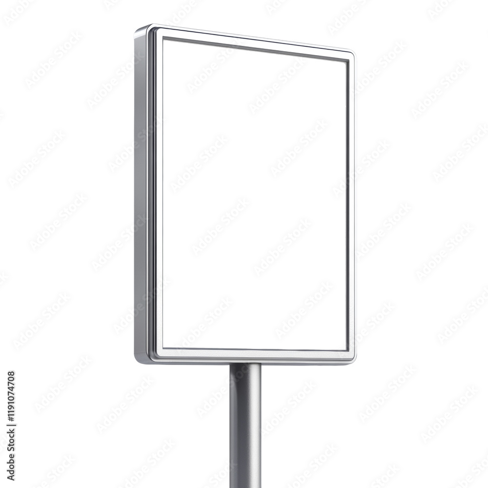 Poster A blank rectangular billboard with a silver metal frame stands on a tall slender pole suitable for advertising.
