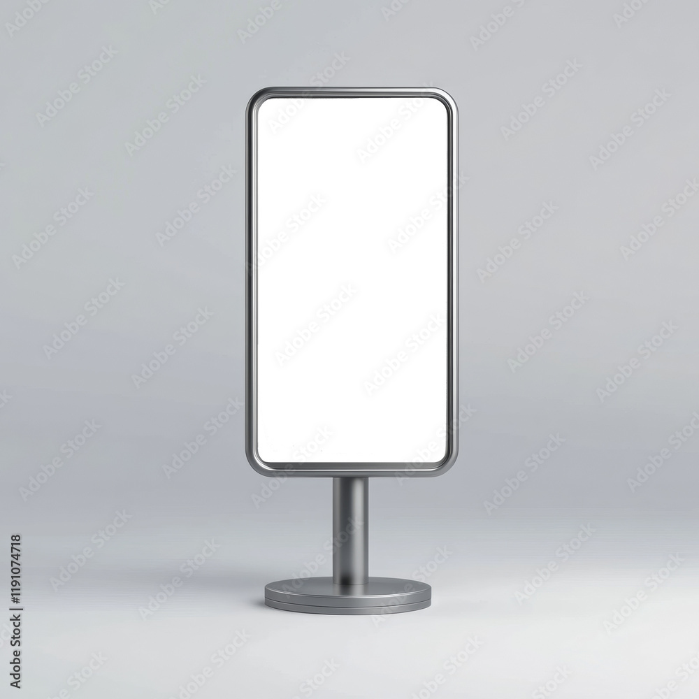 Poster the image shows a freestanding silver sign with a black rectangular screen ideal for mockups or pres