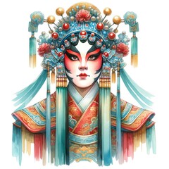 A colorful depiction of a traditional Chinese opera performer, showcasing intricate costume details and elaborate facial makeup.