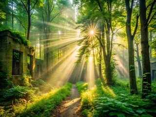 Fototapeta premium Sunbeams Pierce Misty Green Forest, Urban Exploration Photography