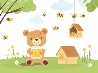 Adorable Teddy Bear Holding Honey Jar In Sunny Meadow