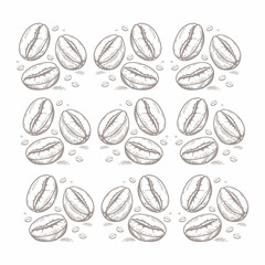 A seamless pattern featuring hand-drawn illustrations of coffee beans and coffee seeds.