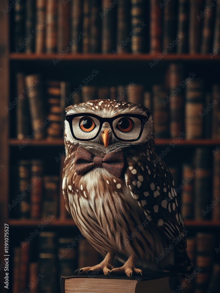 Leinwandbilder owl in glasses and bow tie poses in front of a grand bookshelf filled with books in a cozy library s