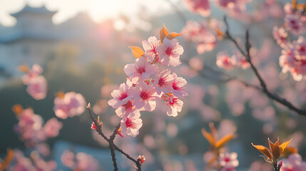 A photo of Himeji Castle standing majestically on a hill, surrounded by cherry blossoms and traditional gardens, during a sunny spring afternoon