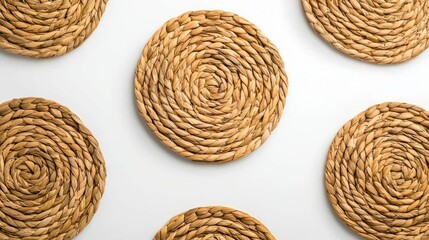 Obraz premium The image features circular woven coasters arranged on a light background, showcasing a natural texture and minimalist design.