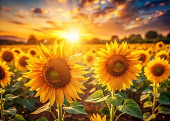 Obraz premium Sun-Drenched Sunflower Field: Vibrant Summer Landscape Photography