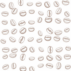 A seamless pattern featuring hand-drawn coffee beans against a white background.