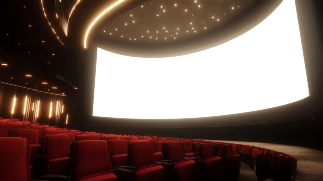 An empty modern movie theater with red seating and a large curved screen.